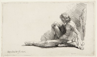 Studie efter nøgenmodel (Mand siddende på jorden) (Bartsch 196, den anden af to udgaver; H. 221; Muntz 137 II) af Rembrandt van Rijn