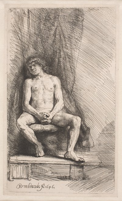 Studie efter nøgenmodel: mand siddende foran et forhæng af Rembrandt van Rijn