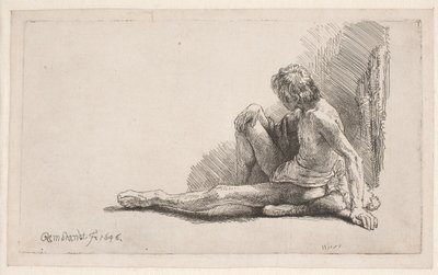 Studie efter nøgenmodel: mand siddende på jorden med det ene ben strakt ud af Rembrandt van Rijn