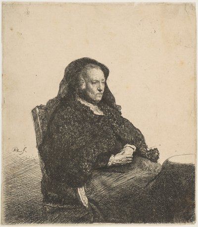 Kunstnerens mor sidder ved et bord og ser rigtigt ud: Trekvart længde, ca. 1631. af Rembrandt van Rijn