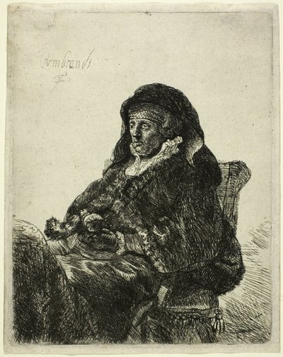 Kunstnerens mor sidder ved et bord og kigger til højre: Trekvart længde af Rembrandt van Rijn