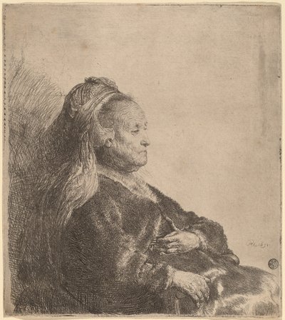 Kunstnerens mor siddende, i en orientalsk hovedbeklædning af Rembrandt van Rijn