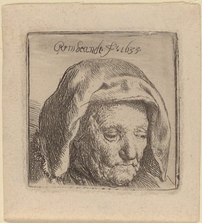 Kunstnerens mor i en hovedbeklædning i stof, kigger ned af Rembrandt van Rijn