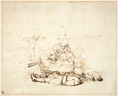Den hellige familie sover, med engle, 1645 (pen og blæk med gouache på papir) af Rembrandt van Rijn
