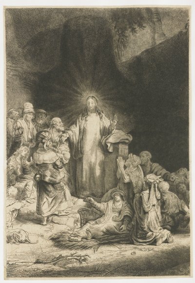»De hundrede gyldener«: det centrale motiv med Kristus, der prædiker af Rembrandt van Rijn