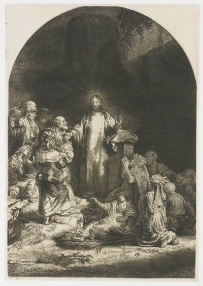 De hundrede gylden print: det centrale stykke med Kristus prædiken, pladen buet af Rembrandt van Rijn