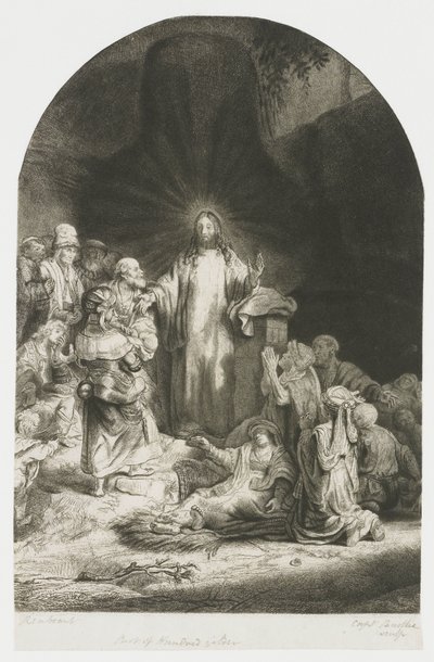 »De hundrede gylders tryk«: det centrale motiv med Kristus, der prædiker; pladen er buet af Rembrandt van Rijn