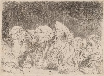 Farisæerne debatterer Fragment fra Hundred Guld Print, ca. 1649. af Rembrandt van Rijn