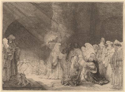 Præsentationen i templet: Aflangt tryk af Rembrandt van Rijn