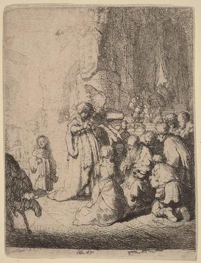 Ofre i templet med englen: Lille plade af Rembrandt van Rijn