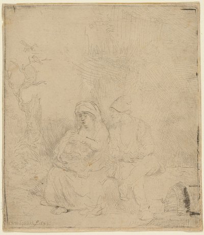 Resten på flugten til Egypten: let ætset af Rembrandt van Rijn