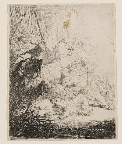 Den lille løvejagt (med to løver) af Rembrandt van Rijn