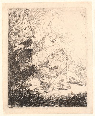 Den lille løvejagt (med to løver) af Rembrandt van Rijn