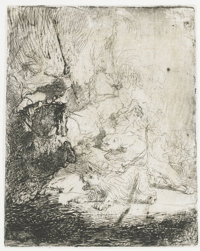 Den lille løvejagt med to løver af Rembrandt van Rijn