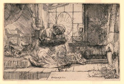 Jomfruen og barnet med katten og Josef ved vinduet af Rembrandt van Rijn