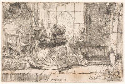 Jomfruen og barnet med katten: og Josef ved vinduet af Rembrandt van Rijn