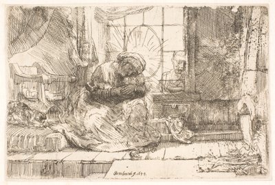 Jomfruen og barnet med katten: og Josef ved vinduet af Rembrandt van Rijn