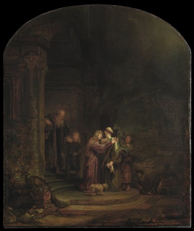The Visitation, 1640 (olie på cederpanel) (se også 5454147) af Rembrandt van Rijn