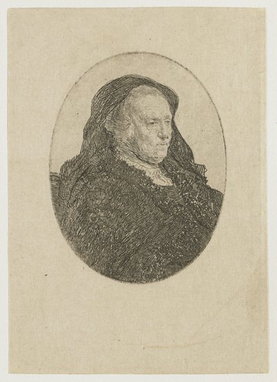 Kunstnerens mor sidder ved et bord og ser mod højre: trekvartprofil af Rembrandt van Rijn