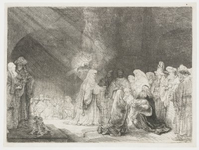 Præsentationen i templet: aflangt print af Rembrandt van Rijn