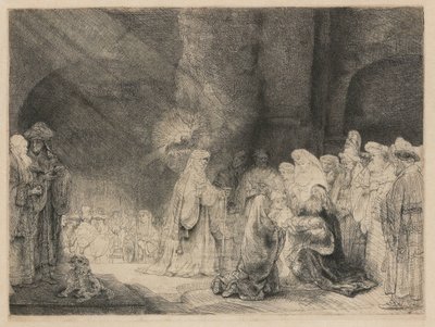 Præsentationen i templet: aflangt print af Rembrandt van Rijn