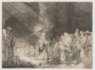 Præsentationen i templet: aflangt print af Rembrandt van Rijn