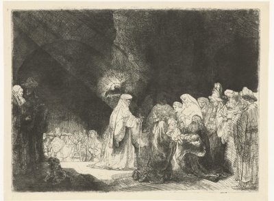 Præsentationen i templet: aflangt print af Rembrandt van Rijn