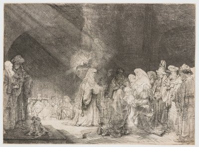 Præsentationen i templet: aflangt print af Rembrandt van Rijn
