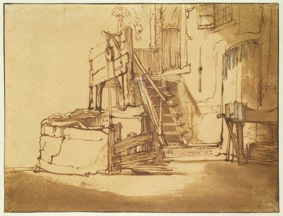 Brønden foran gården (pen og brun tusch og brun vask på papir) af Rembrandt van Rijn