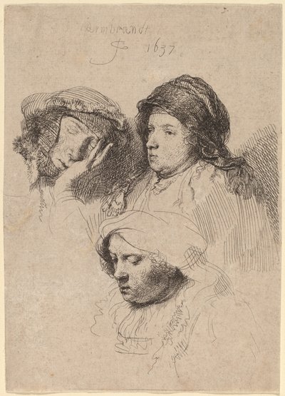 Tre hoveder af kvinder, en sover af Rembrandt van Rijn