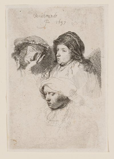 Tre kvindehoveder, hvoraf den ene sover af Rembrandt van Rijn