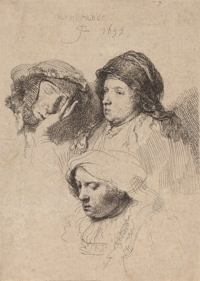 Tre kvinders hoveder, en sover, 1637. af Rembrandt van Rijn