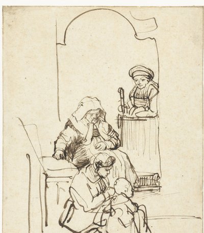 Tre kvinder og et barn ved en dør af Rembrandt van Rijn