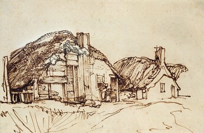 To stråtækte hytter med figurer ved vinduet af Rembrandt van Rijn