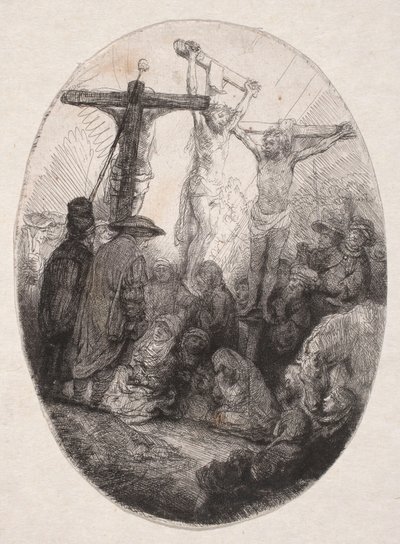 Korsfæstelsen mellem to forbrydere (oval plade) af Rembrandt van Rijn