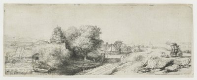 Udsigt over Diemerdijk med en mælkemand og små huse af Rembrandt van Rijn
