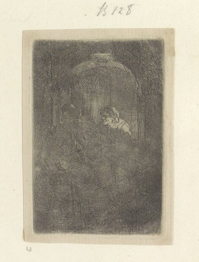 Kvinde i en døråbning, taler med en mand med børn Recueil de quatre-vingt-cinq estampes originales (serietitel) af Rembrandt van Rijn