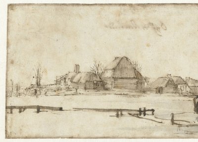 Vinterudsigt med vandvej, hytter og to både af Rembrandt van Rijn