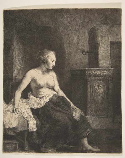Kvinde, der sidder halvt klædt ved siden af et komfur, 1658. af Rembrandt van Rijn