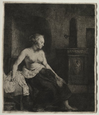 Kvinde, der sidder halvt klædt ved siden af et komfur af Rembrandt van Rijn