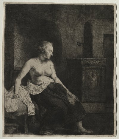 Kvinde, der sidder halvt klædt ved siden af et komfur, 1658. af Rembrandt van Rijn