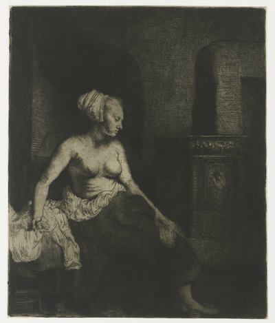 Kvinde, der sidder halvt klædt ved siden af et komfur Kvinde sidder halvt påklædt ved siden af et komfur af Rembrandt van Rijn