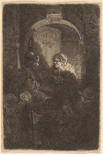 Kvinde ved en dørluge taler med en mand og børn (skolelæreren) af Rembrandt van Rijn