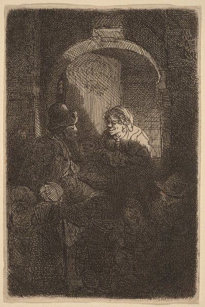 Kvinde ved en døråbning, der taler med en mand og nogle børn (Skolelæreren) af Rembrandt van Rijn