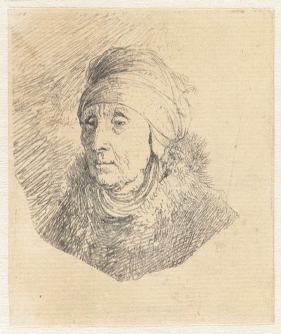 Kvinde med en høj hovedbeklædning, der er viklet rundt om hagen: brystbillede af Rembrandt van Rijn