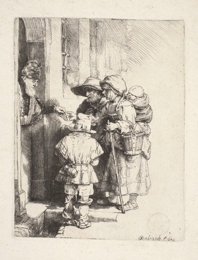 Tiggere, der modtager almisser i døråbningen af Rembrandt van Rijn