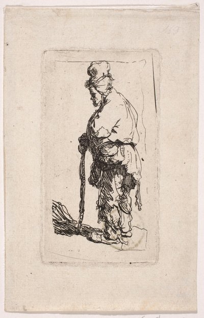 En tigger, der støtter sig til en stok, vendt mod venstre af Rembrandt van Rijn