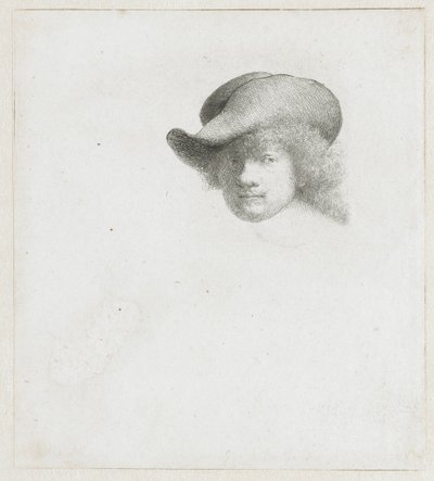 Selvportræt med slap hat og bearbejdet kappe af Rembrandt van Rijn