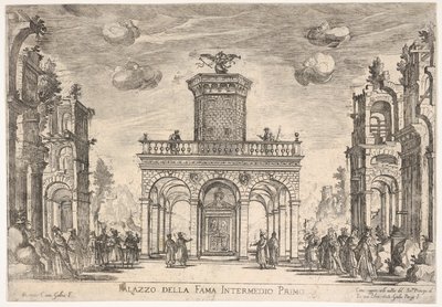 Første mellemspil: berømmelsespalads Mellem sjette: berømmelsespalads, fra seriens S ..., 1608. af Remigio Cantagallina
