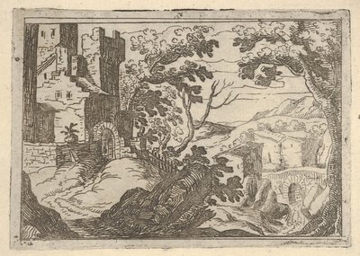 Landskab med bygninger til venstre og en bro til højre forneden, ca. 1620-50. af Remigio Cantagallina